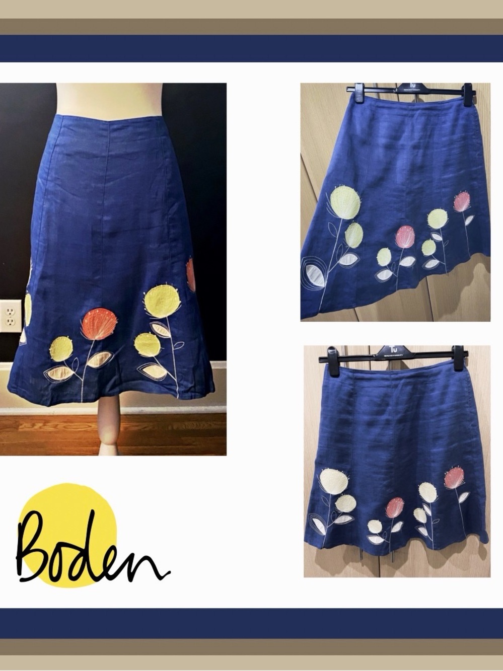 Boden Slate Blue A-Line Skirt with Colorful Floral Appliqués Size 12